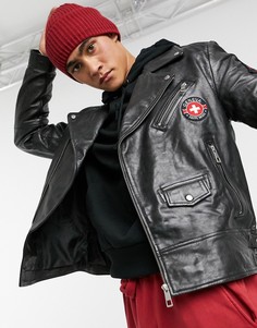 Черная кожаная байкерская куртка с нашивками ASOS DESIGN-Черный