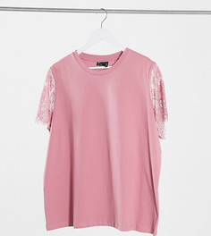 Футболка приглушенного розового цвета с кружевными рукавами ASOS DESIGN Curve-Розовый