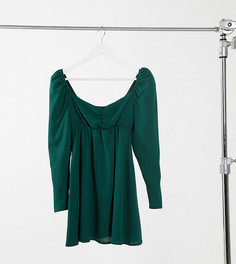 Фактурное короткое приталенное платье темно-зеленого цвета с рюшами на лифе ASOS DESIGN Petite-Мульти