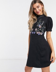 Черное платье мини с высоким воротником, пышными рукавами и вышивкой ASOS DESIGN-Черный