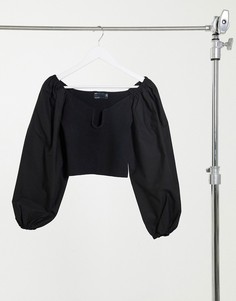 Черный джемпер с глубоким вырезом и ткаными рукавами ASOS DESIGN