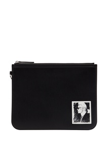 Черный кожаный клатч с надписью Karl Lagerfeld