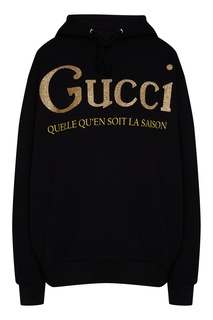Черное худи с золотистым логотипом Gucci