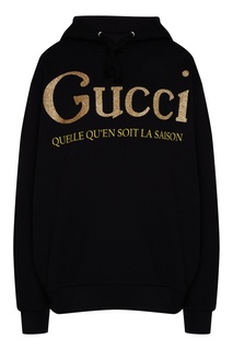 Черное худи с золотистым логотипом Gucci