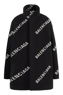 Черное шерстяное пальто с логотипами Balenciaga