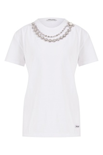 Белая футболка из хлопка с кристаллами Miu Miu