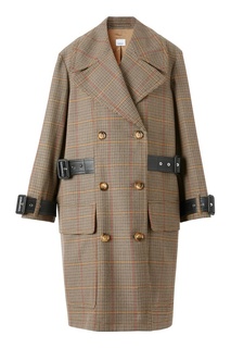 Двубортное шерстяное пальто с кожаной отделкой Burberry