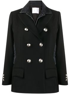 Sacai двубортное пальто со вставками из денима