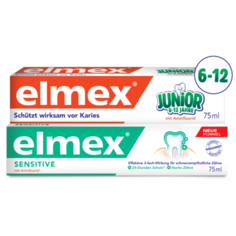 Набор зубных паст Elmex Детская Юниор от 6 до 12 лет, 75 мл + Сенситив Плюс для чувствительных зубов, 75 мл