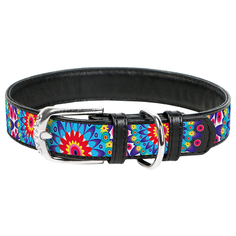 Ошейник WAU DOG Printed Leather 19-25 см цветы/черный