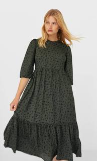 Stradivarius Длинное Платье С Принтом И Объемными Рукавами Женская Коллекция Хаки L