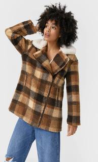 Stradivarius Пальто Из Искусственной Овчины В Клетку Женская Коллекция Цвет Камня S