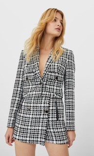 Stradivarius Короткий Пиджак В Клетку Женская Коллекция Цвет Небеленого Полотна M