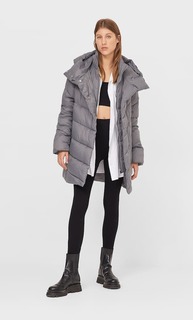 Stradivarius Стеганое Пальто С Двойным Воротником Женская Коллекция Серый Средний Xs