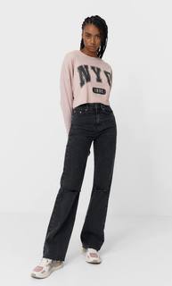 Stradivarius Топ Оверсайз С Эффектом Потертости Женская Коллекция Пастельно-Розовый M