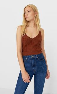 Stradivarius Трикотажный Топ С Узором «Косы» Женская Коллекция Цвет Темной Верблюжьей Шерсти S