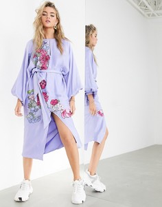 Атласное платье миди с цветочной вышивкой и поясом ASOS EDITION-Синий