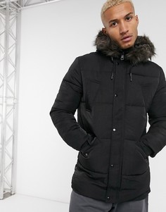 Черный пуховик с искусственным мехом на капюшоне ASOS DESIGN