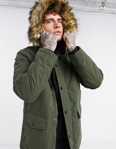 Парка в цвете хаки с искусственным мехом на капюшоне Jack & Jones Originals-Зеленый