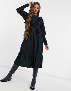 Черное свободное платье миди с рюшами ASOS DESIGN-Черный