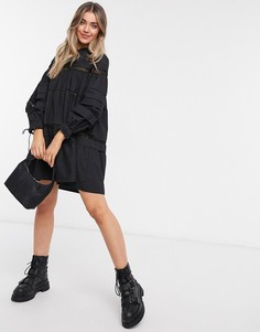 Черное свободное oversized-платье мини со сборками и кружевными вставками ASOS DESIGN-Черный