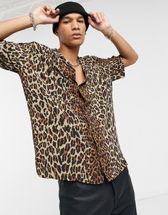 Коричневая рубашка с короткими рукавами, отложным воротником и леопардовым принтом AllSaints Vega-Коричневый