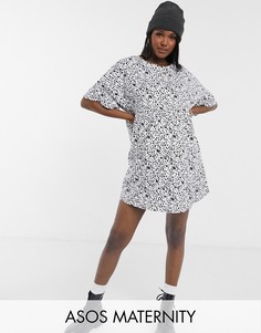 Свободное платье в стиле "super oversized" с оборками на рукавах и серым звериным принтом ASOS DESIGN Maternity-Серый