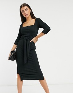 Черное платье-футляр миди в рубчик с завязкой на талии River Island-Черный