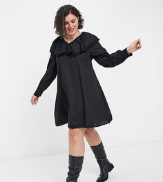 Свободное платье мини из поплина с длинными рукавами, воротником и отделкой кружевом Daisy Street Plus-Черный