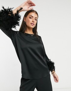 Черный топ с перьями на манжетах River Island