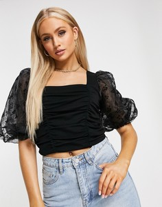 Черный топ со сборками и рукавами с набивкой флок ASOS DESIGN