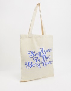 Сумка-тоут из плотной ткани с принтом "Self love" ASOS DESIGN-Бежевый
