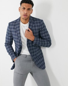 Синий зауженный пиджак в клетку Topman