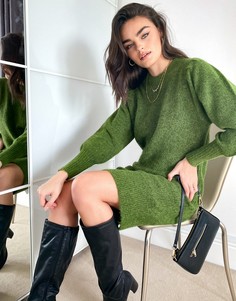 Зеленое трикотажное платье с объемными рукавами Selected Femme-Бежевый