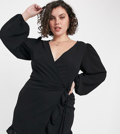 Черное платье мини с запахом и объемными рукавами ASOS DESIGN Curve-Черный