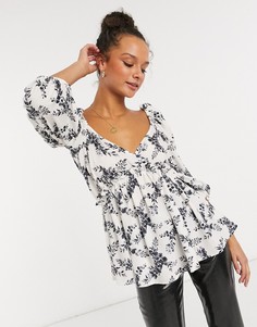 Монохромный топ с цветочным принтом и объемными рукавами In The Style x Lorna Luxe-Мульти
