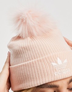 Розовая шапка-бини с помпоном из искусственного меха и логотипом adidas Originals-Розовый