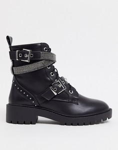 Черные байкерские ботинки со шнуровкой и ремешками со стразами New Look-Черный