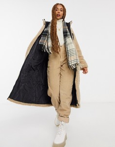 Бежевое удлиненное пальто из флиса с капюшоном ASOS DESIGN-Коричневый