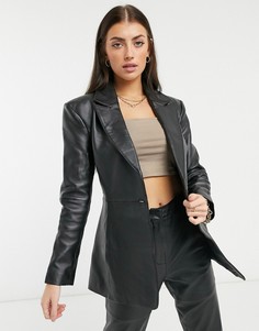 Черный кожаный приталенный пиджак ASOS DESIGN Premium