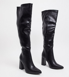 Черные сапоги для широкой стопы на блочном каблуке с высоким голенищем и острым носком Truffle Collection-Черный