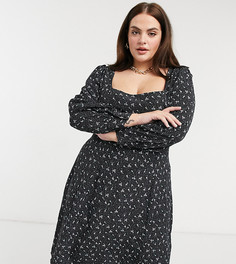 Темно-синее платье мини с длинными рукавами, вырезом сердечком и мелким цветочным принтом Glamorous Curve-Черный