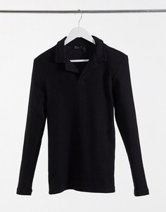 Черная футболка-поло из вафельного трикотажа с длинными рукавами и отложным воротником ASOS DESIGN-Черный