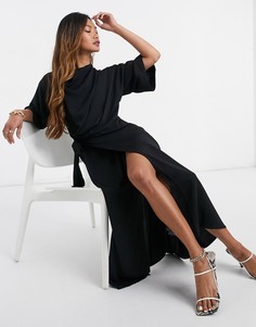 Черное платье миди со свободным воротом и юбкой с запахом ASOS DESIGN-Черный