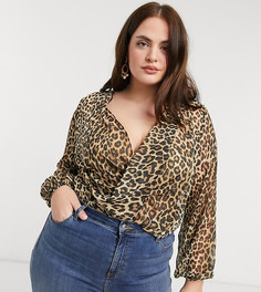Коричневая с леопардовым принтом блуза с ассиметричной драпировкой River Island Plus-Коричневый