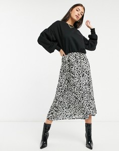 Черное платье с трикотажным лифом и юбкой с леопардовым принтом River Island-Черный