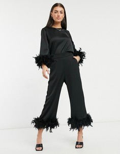 Черные брюки от комплекта с перьями по нижнему краю River Island-Черный