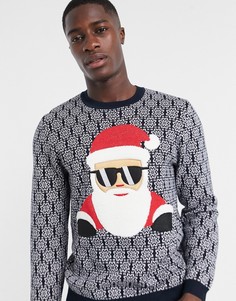 Новогодний вязаный джемпер с аппликацией в виде Санта-Клауса ASOS DESIGN-Синий