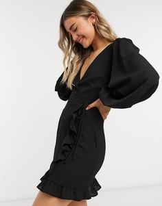 Черное платье мини с длинными рукавами и запахом ASOS DESIGN-Черный