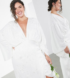 Атласное свадебное платье-кимоно с вышивкой ASOS EDITION Curve-Белый
